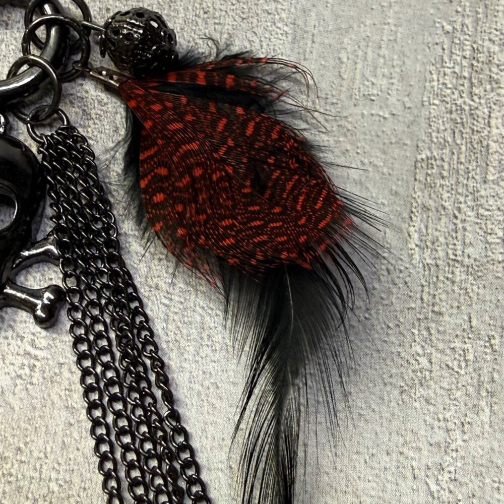 Gothic Skull Dangle Earrings Chain Red Feathers Crystal Accent Boho Punk Jewelry - Picture 12 of 16